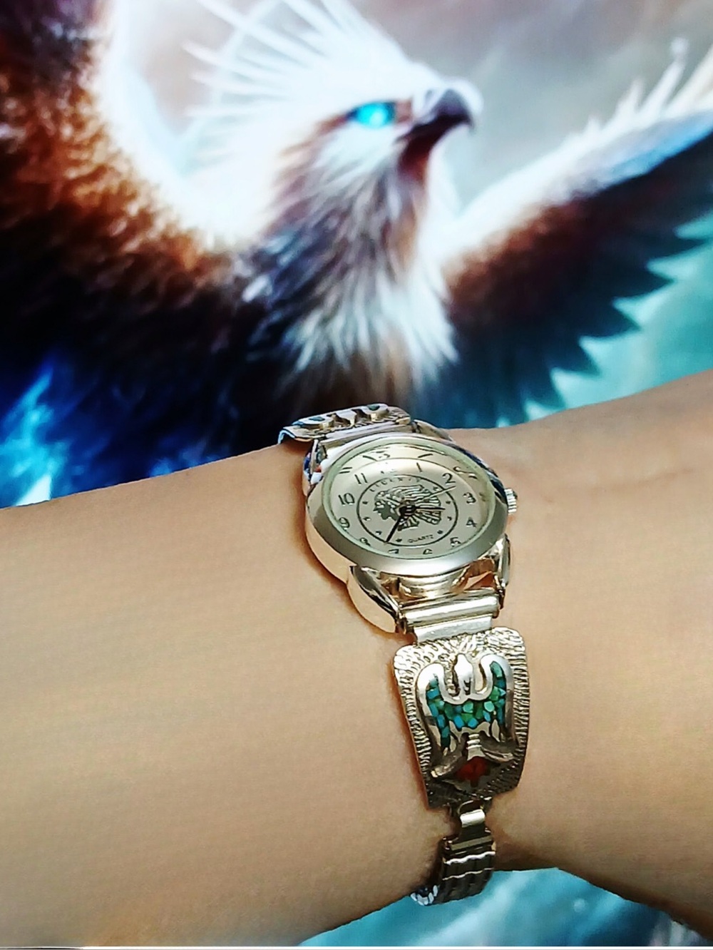 Navajo 925 Silver Tips With Inlaid Coral & Turquoise - Silver Indian Chief Watch